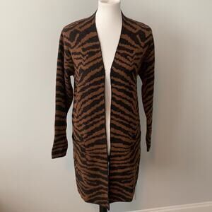 Nine West Open Front Tiger Print Long Cardigan Sweater Pockets Sz Medium MWT